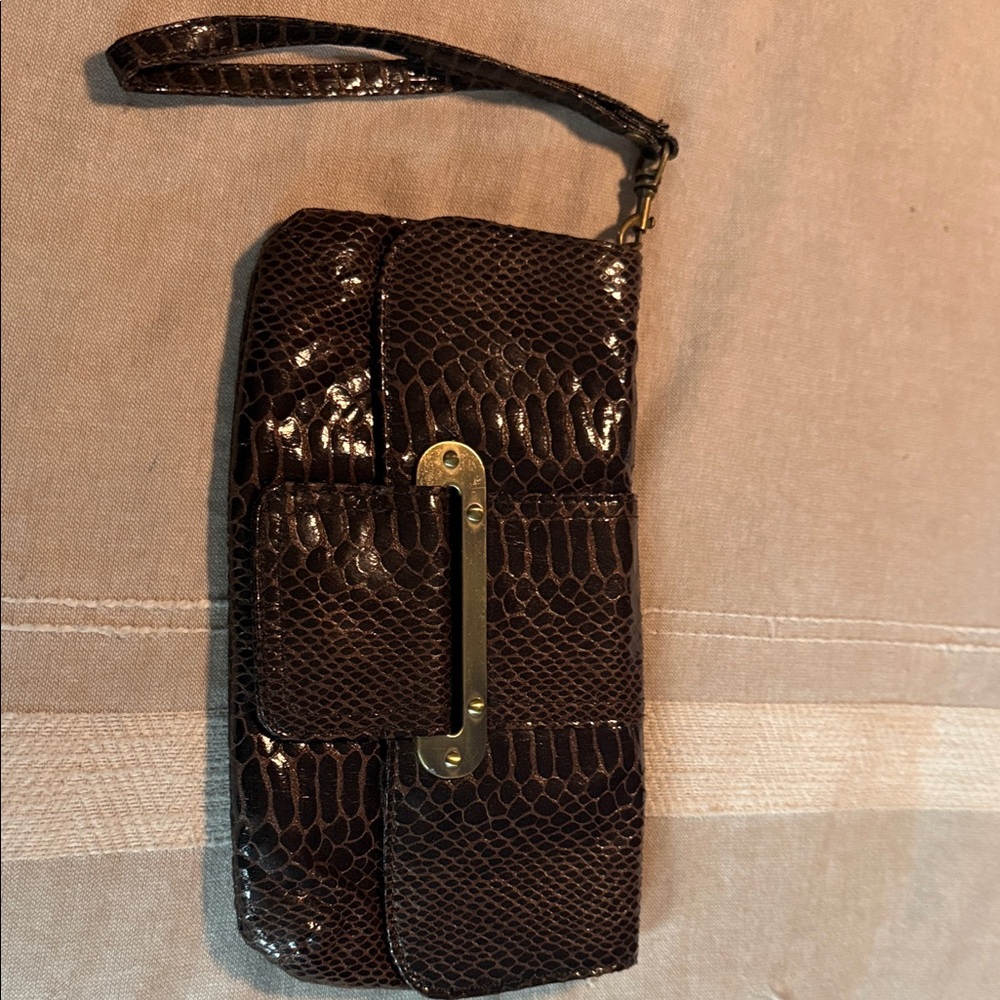 Brown Crocodile Embossed Clutch